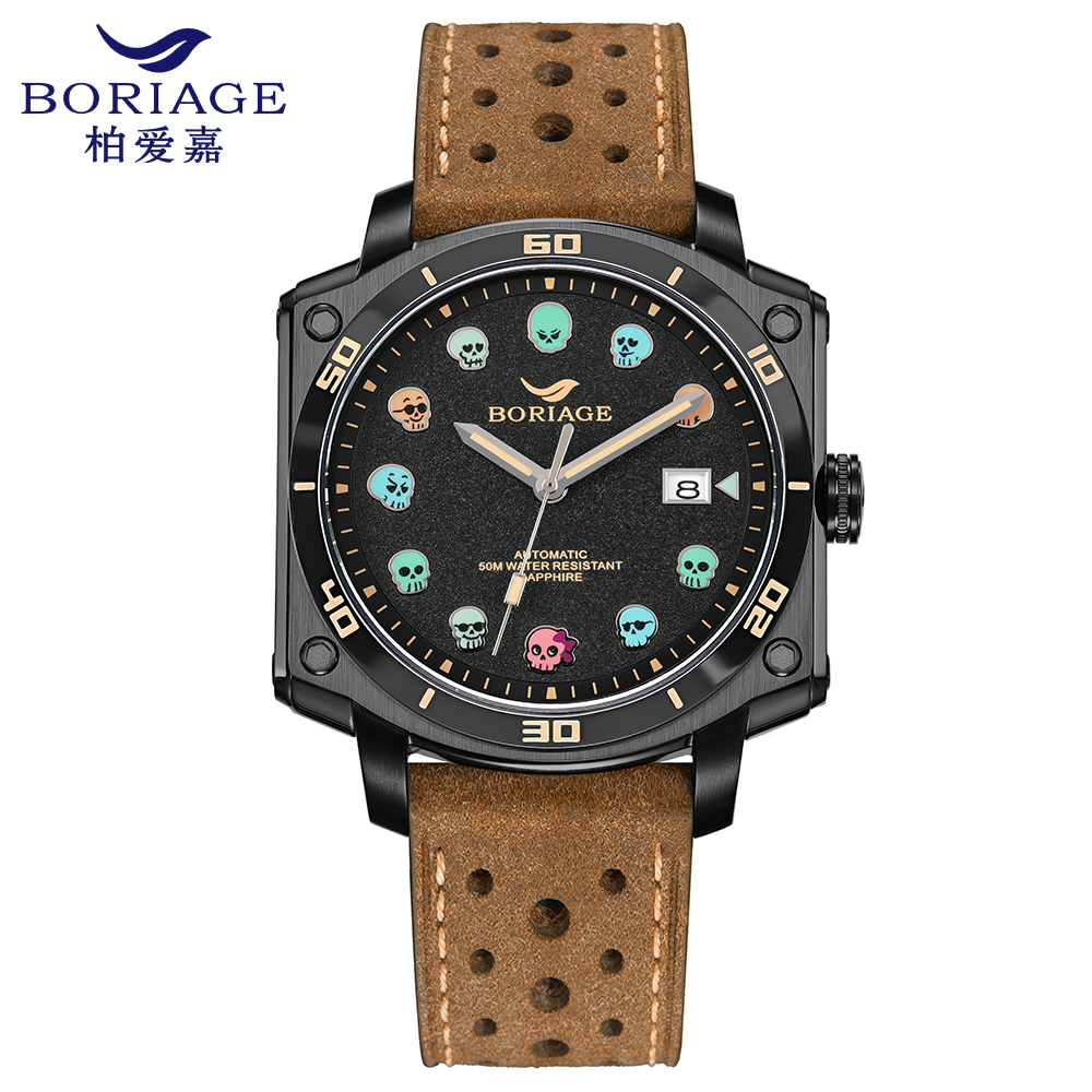The new automatic mechanical men's watch from Baiaijia, a fashionable waterproof leather strap men's watch, an original genuine 18K gold label wristwatch 8008 Obsidian black full figure