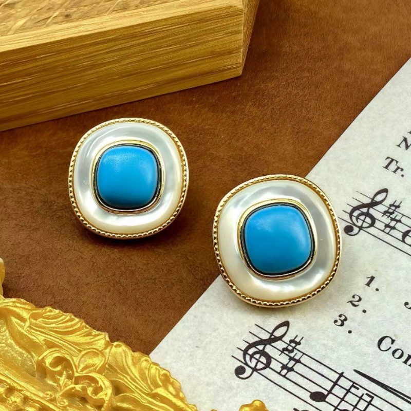 【SUGEBEINI】复古宫廷风珍珠母贝绿松石耳环 金色边框几何耳饰 轻奢小众高级感法式耳钉ZEH00006