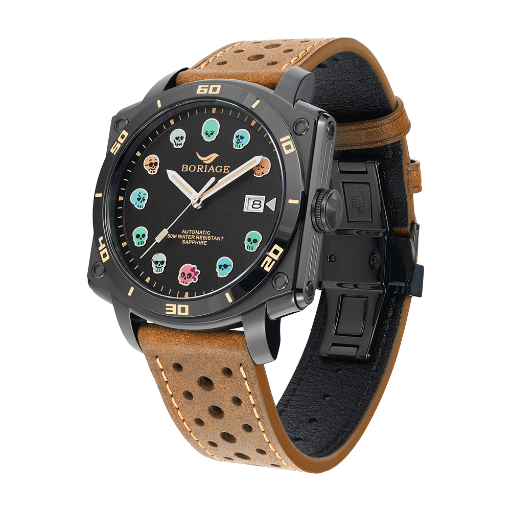 The new automatic mechanical men's watch from Baiaijia, a fashionable waterproof leather strap men's watch, an original genuine 18K gold label wristwatch 8008 Obsidian black details Picture