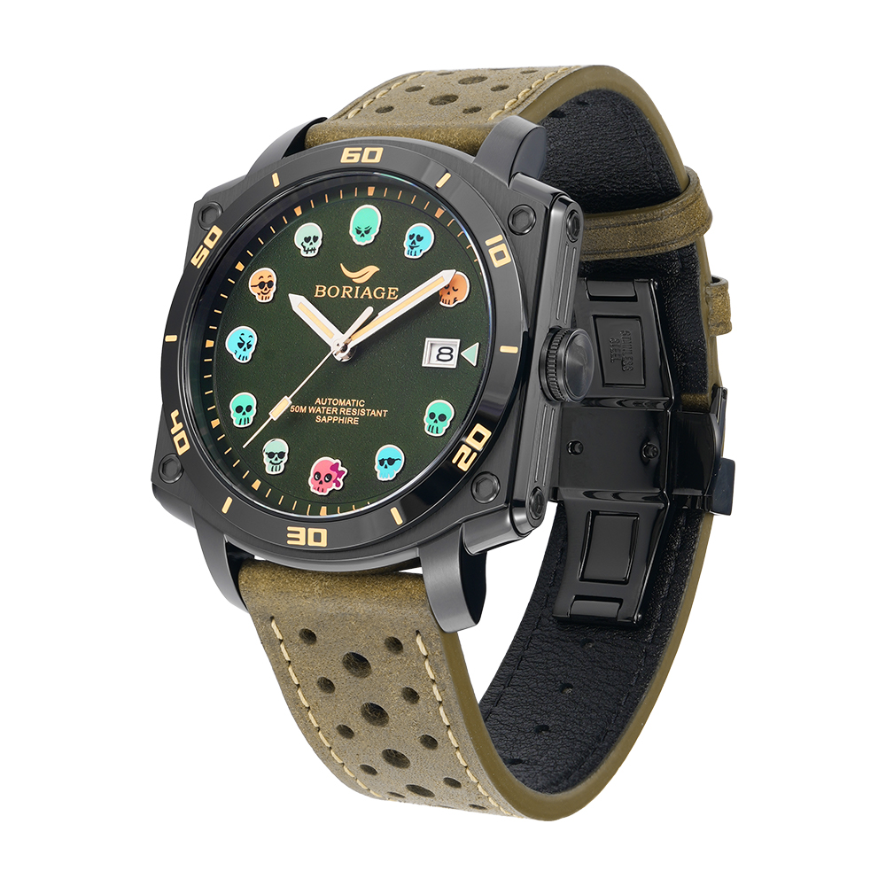 Baiaijia's new automatic mechanical men's watch, a fashionable waterproof leather strap men's watch, an original genuine 18K gold label wristwatch 8008 jungle green Specification drawing
