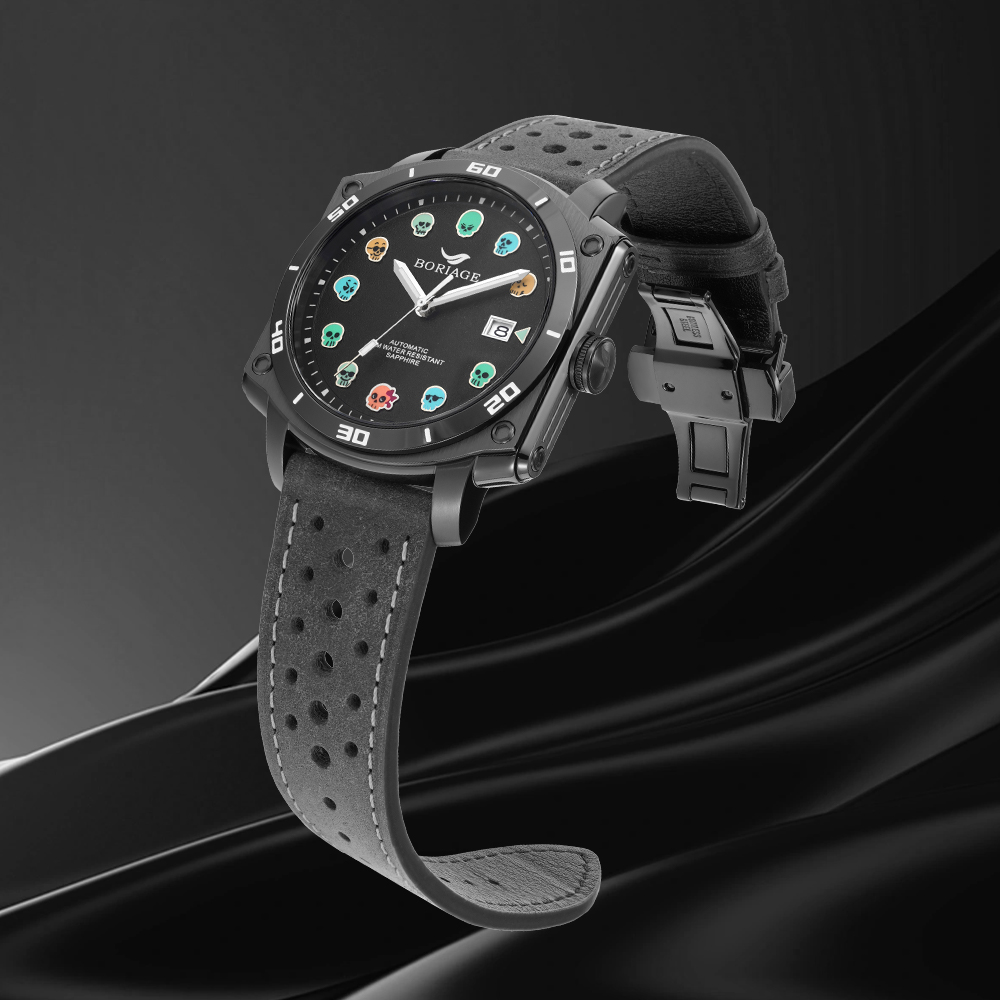 Baiaijia's new automatic mechanical men's watch, a fashionable waterproof leather strap men's watch, an original genuine 18K gold label wristwatch 8008 Phantom Black details Picture