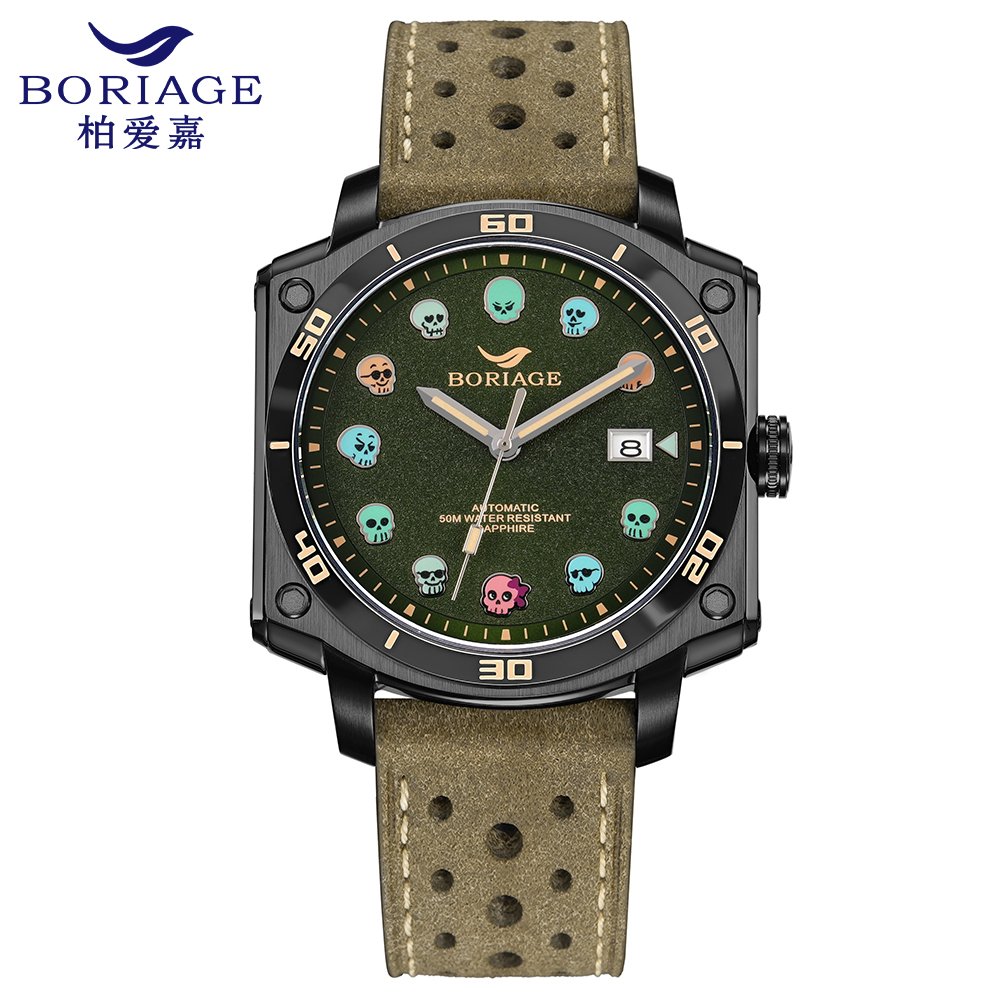 Baiaijia's new automatic mechanical men's watch, a fashionable waterproof leather strap men's watch, an original genuine 18K gold label wristwatch 8008 jungle green full figure