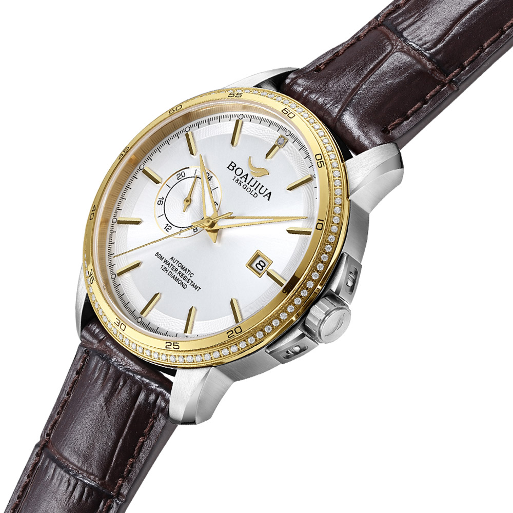 Baiaijia fully automatic mechanical men's watch, waterproof men's wristwatch, original genuine leather and real diamond watch, 18K gold label watch, 8001 daylight gold details Picture