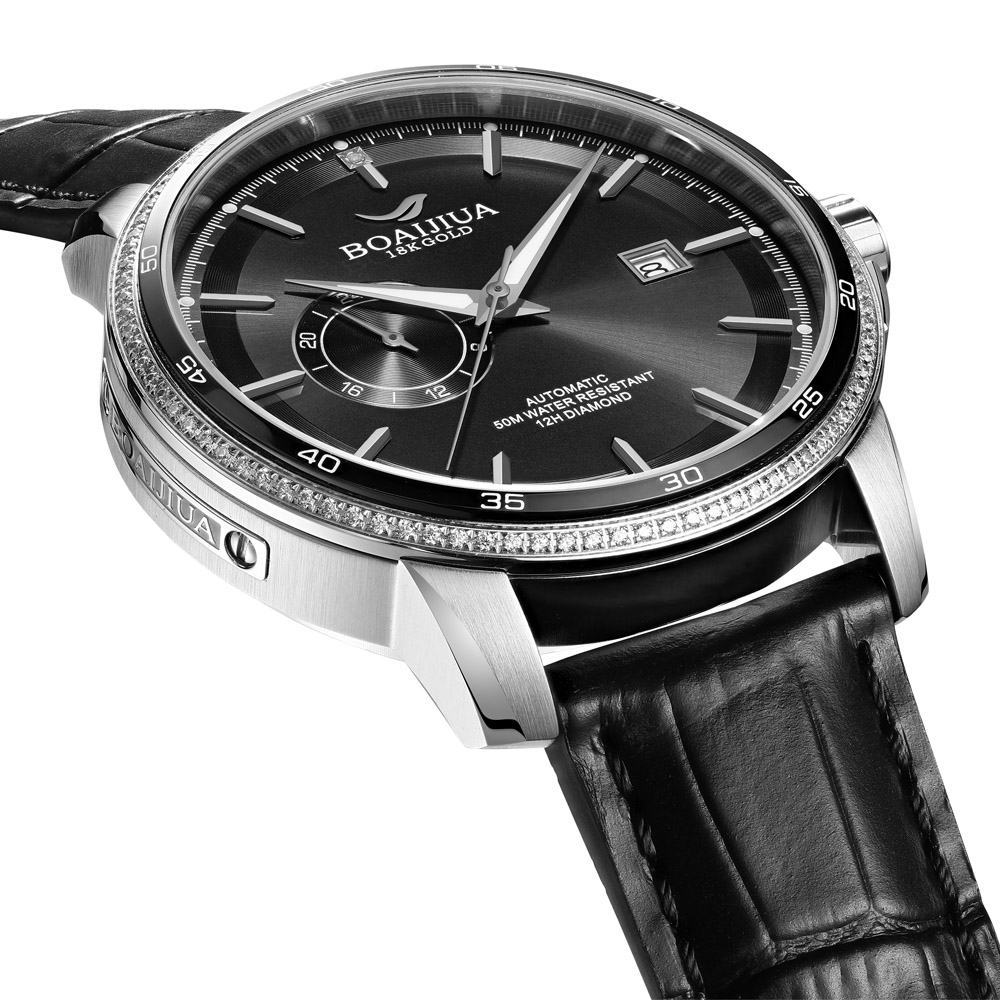 Baiaijia fully automatic mechanical men's watch, waterproof men's wristwatch, original genuine leather and real diamond watch, 18K gold label watch 8001 Night Black Specification drawing