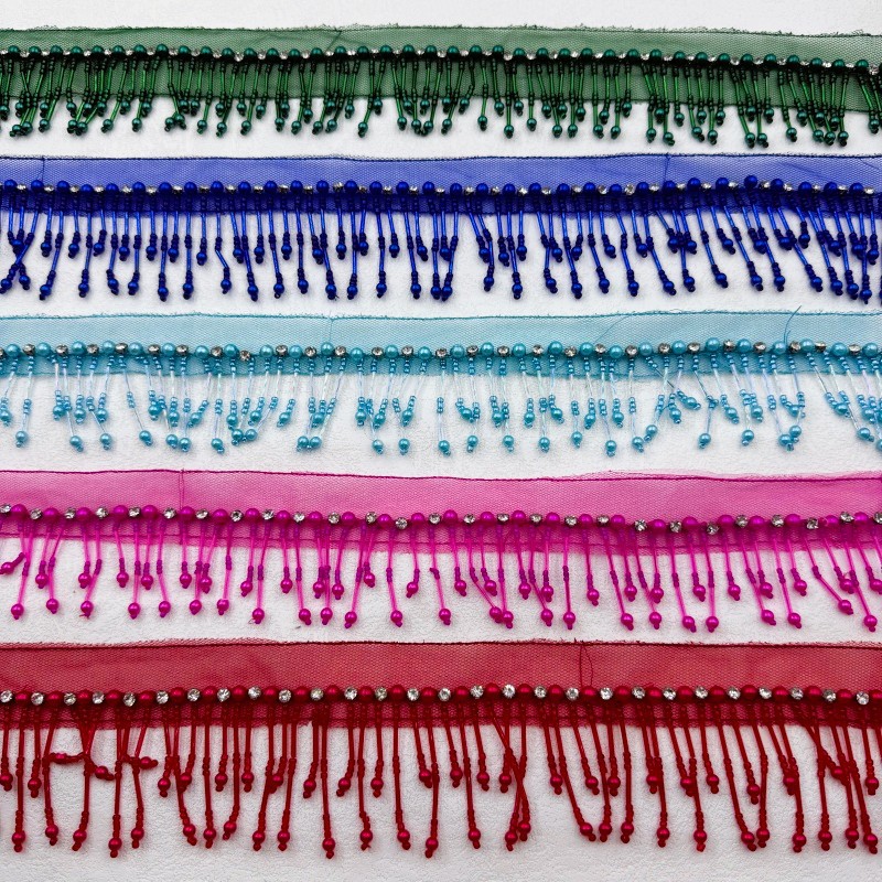 新款网布镶钻珍珠流苏 服装辅料手工钉珠管蕾丝吊坠排须花边详情图4