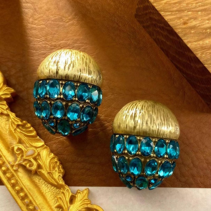 【SUGEBEINI】 Artistic blue diamond spherical earrings with golden texture trim, niche light luxury retro style exquisite earrings ZEH00042