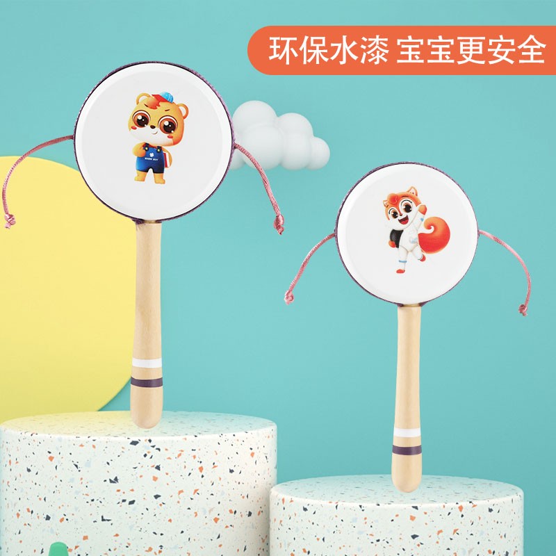 Linglexi Rattle Drum, Newborn baby hand-cranked Drum, Rattle Bell, Educational children's Wooden Toy, 0-1 year old baby