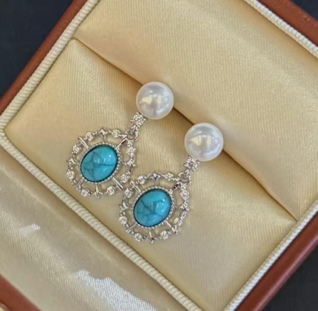 New bestsellers: 7-8mm natural high-quality freshwater pearl stud earrings made of blue turquoise, with a high-end and light luxury style. Also a bestseller of red peach detail image 3