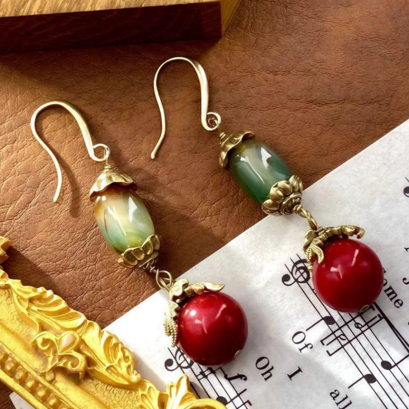 【SUGEBEINI】复古撞色玛瑙耳钩 红绿渐变宝石吊坠耳环 国风小众设计感轻奢耳饰ZEH00039
