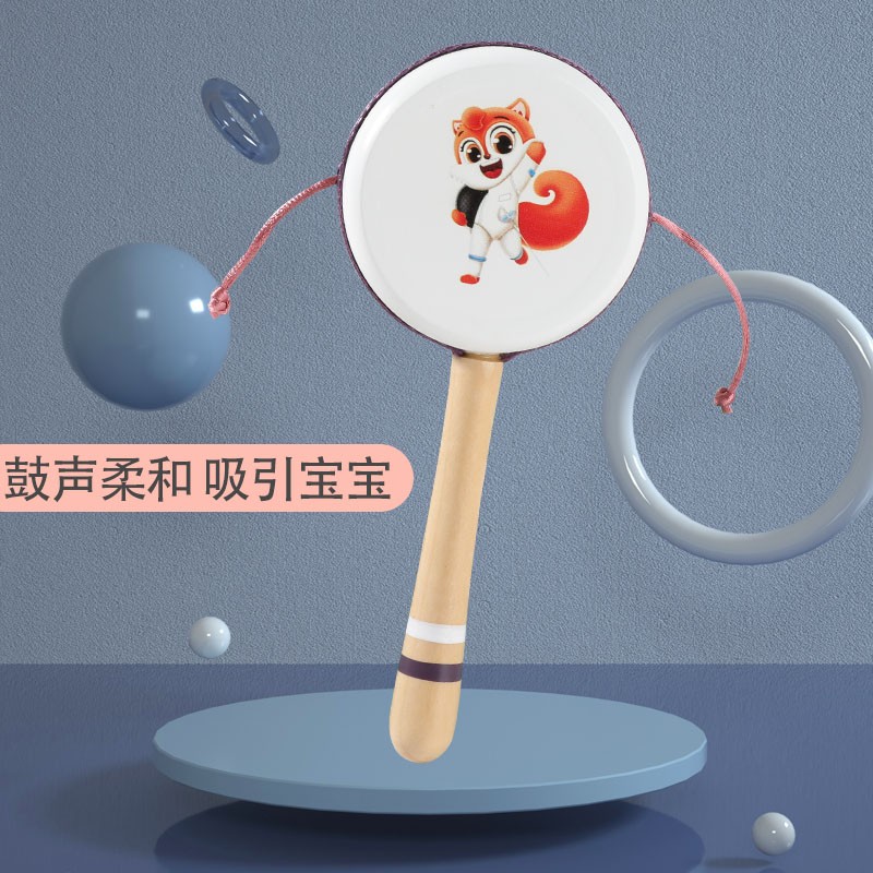Linglexi Rattle Drum, Newborn baby hand-cranked Drum, Rattle Bell, Educational children's Wooden Toy, 0-1 year old baby details Picture