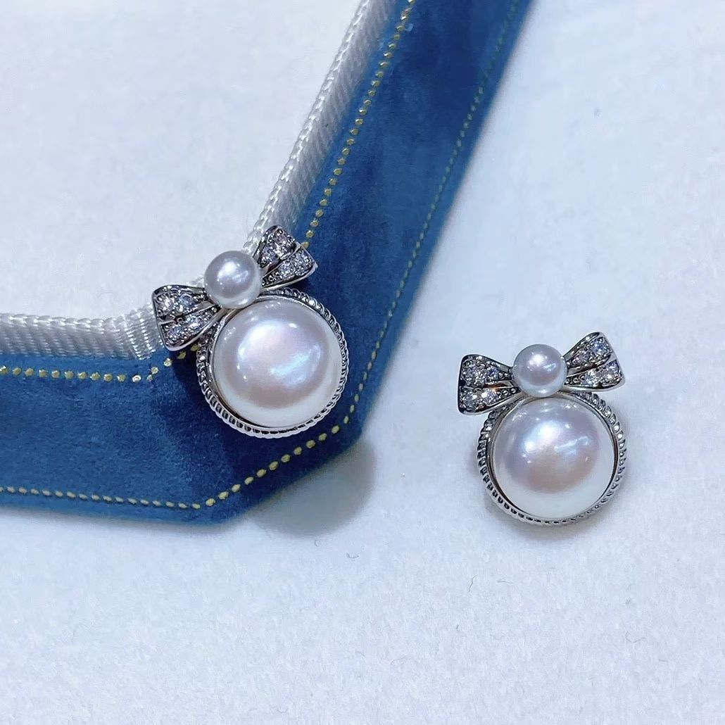 Princess on the Run, Double Pearl Bow Stud earrings, 9-11MM, natural freshwater steamed bun pearl gold-plated color-preserving jewelry, pearl necklace Specification image
