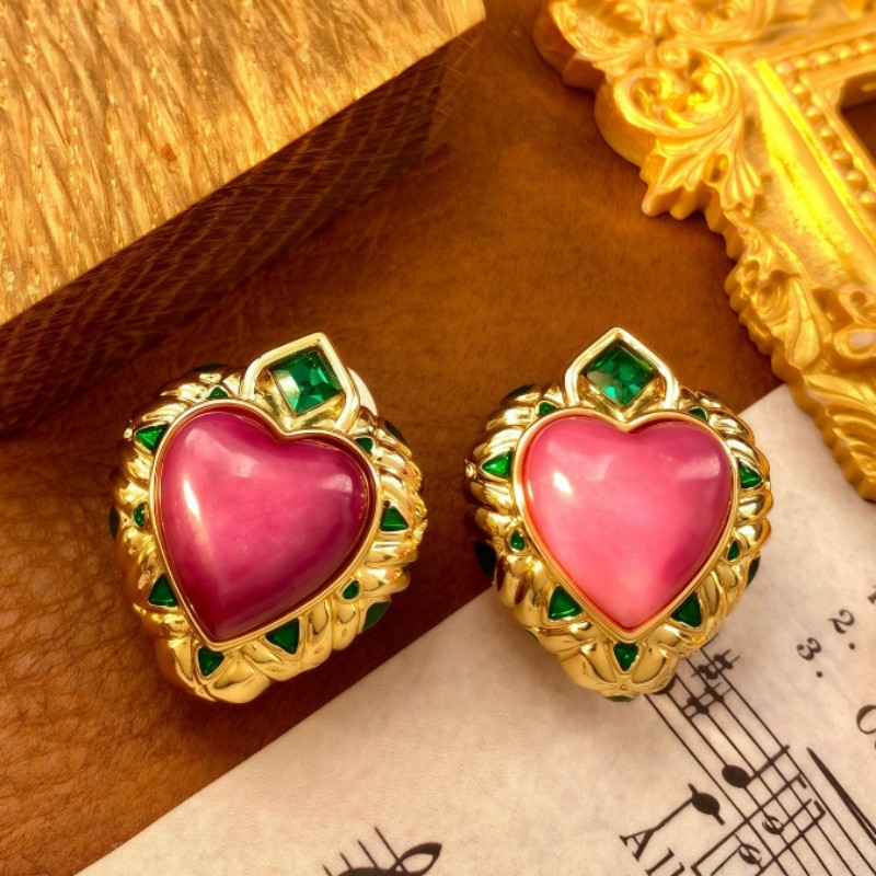【SUGEBEINI】复古宫廷风爱心宝石耳环 金镶粉绿撞色耳饰 轻奢小众高级感法式耳钉 ZEH00026