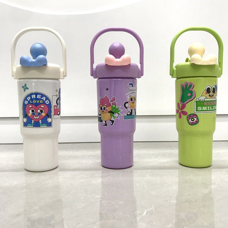 潮趣卡通手提保温杯 多色个性图案 学生日常便携防漏饮水杯 可爱风创意随身杯详情2