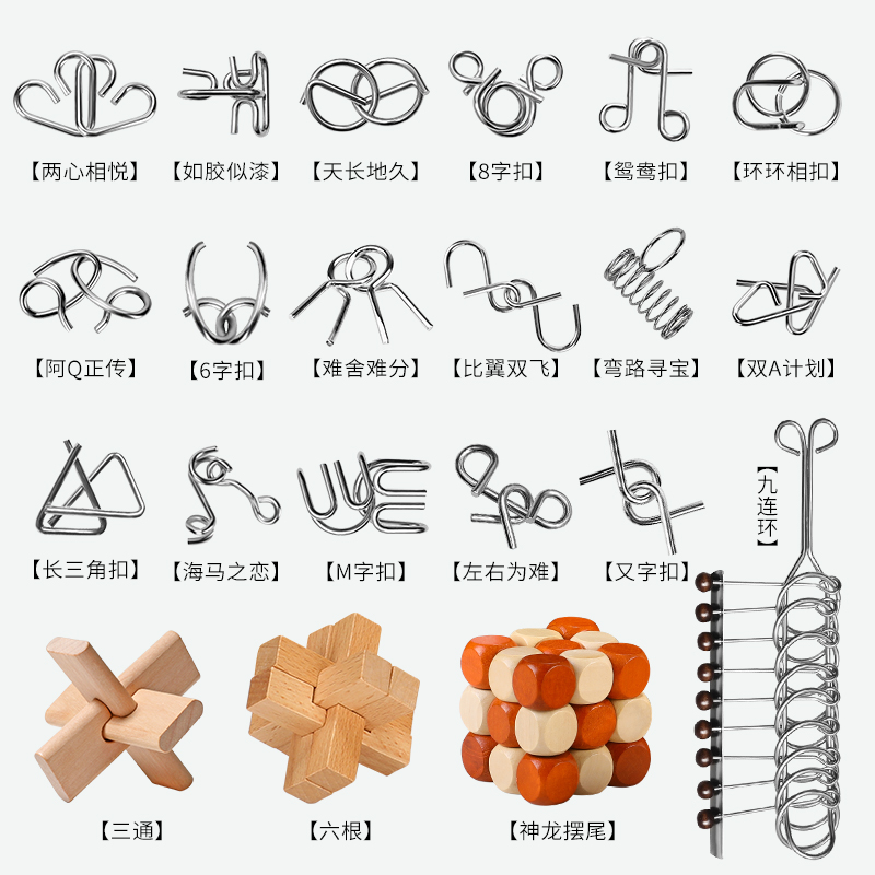 Nine-ring 20-piece set: Unlock the Ring, Kongming Lock, Lu Ban Lock, adult student intelligence Buckle, educational toy details Picture
