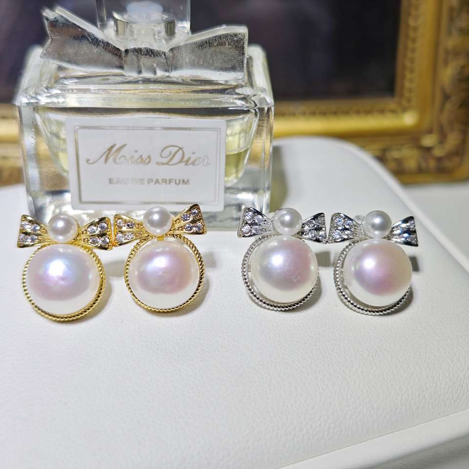 Princess on the Run, Double Pearl Bow Stud earrings, 9-11MM, natural freshwater steamed bun pearl gold-plated color-preserving jewelry, pearl necklace