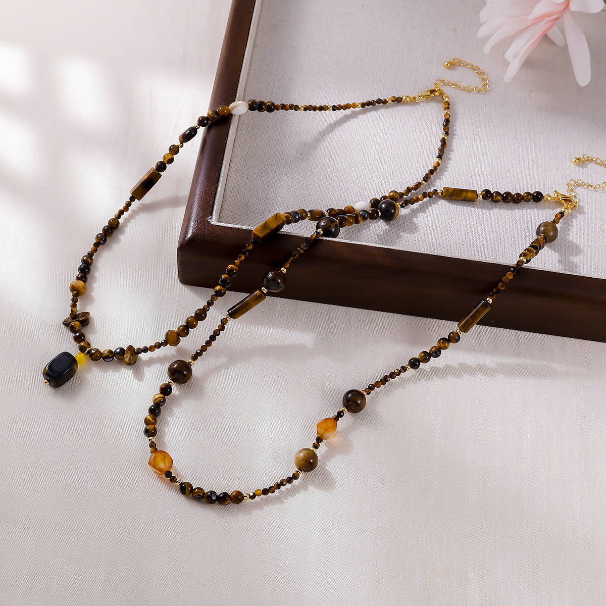 秋冬款天然虎眼石淡水珍珠珠串几何图案项链手链轻奢小众高级感焦糖色通勤	