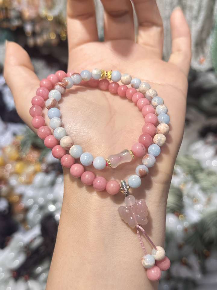 寿山石加粉珠盐源蝴蝶双圈手链图