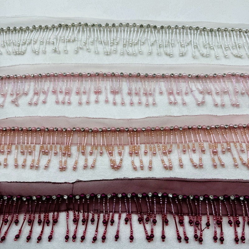 新款网布镶钻珍珠流苏 服装辅料手工钉珠管蕾丝吊坠排须花边详情图3