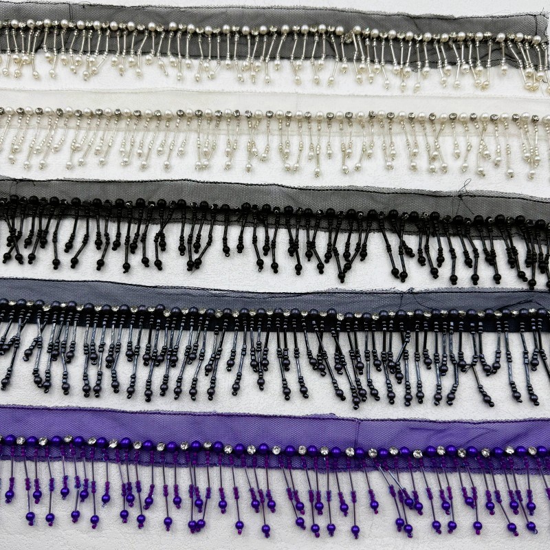 新款网布镶钻珍珠流苏 服装辅料手工钉珠管蕾丝吊坠排须花边详情图2