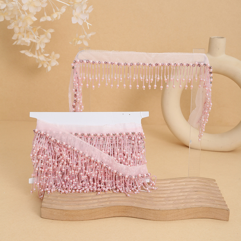 新款网布镶钻珍珠流苏 服装辅料手工钉珠管蕾丝吊坠排须花边详情图5