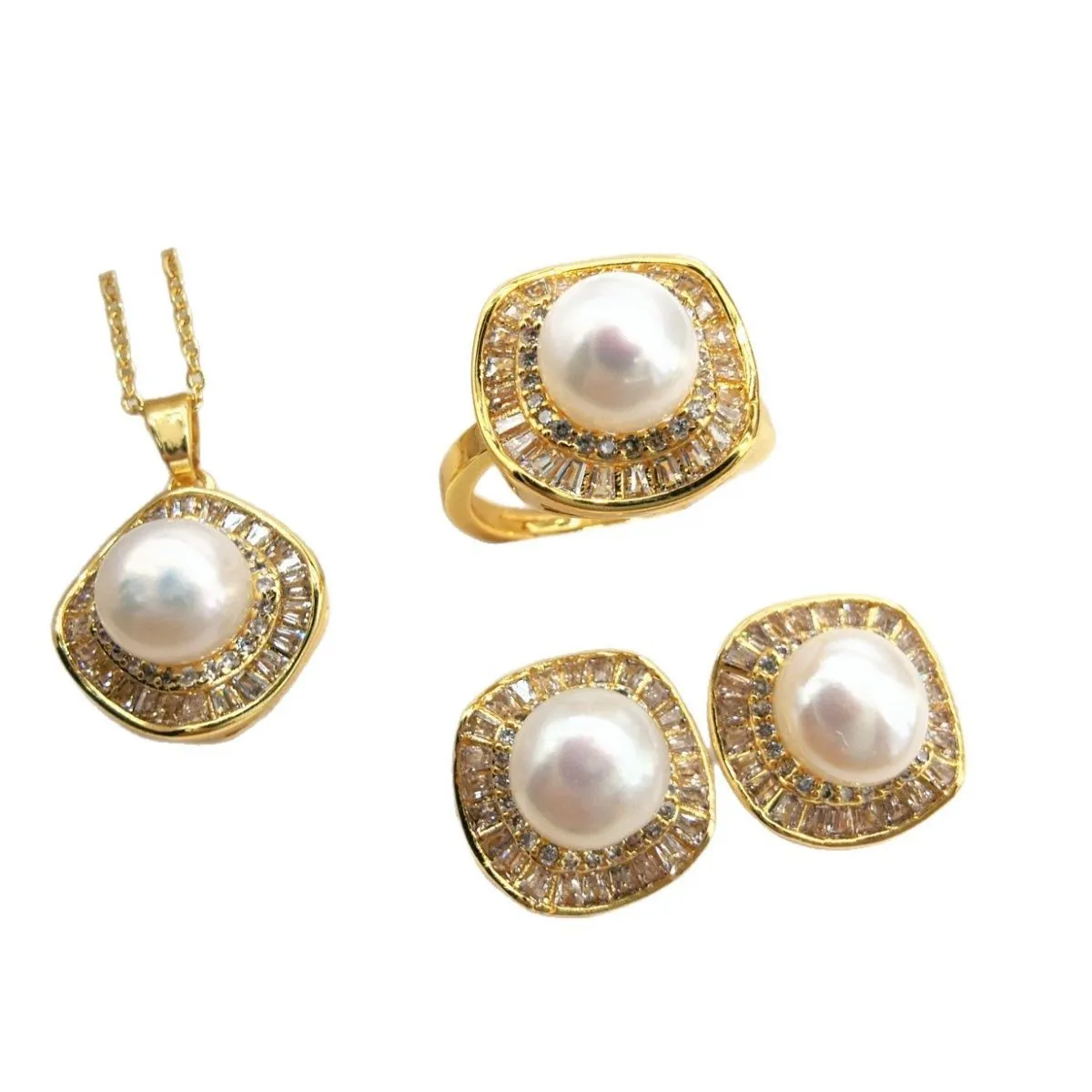 A versatile set of freshwater pearl necklaces for women, a three-piece set with square micro-inlaid zircon pearl stud rings and pendants detail image 2