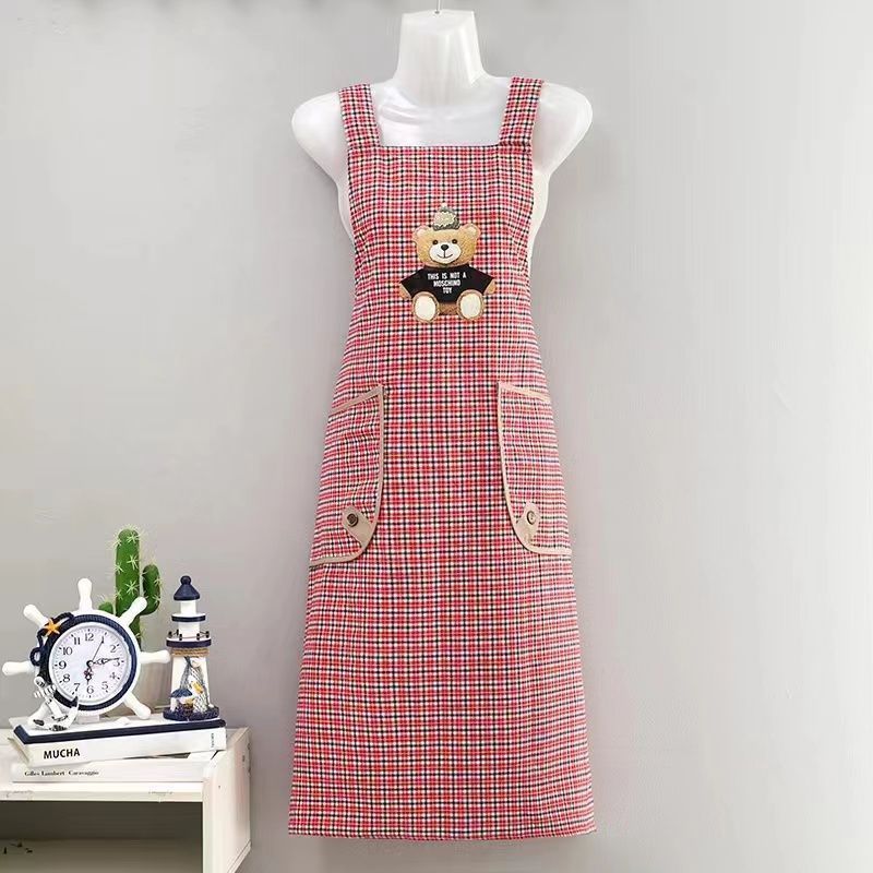 Extended cotton fabric adult cute cartoon bear checkered apron, kitchen stain-proof, dust-proof and wear-resistant, home knee-length shoulder strap, breathable, work clothes apron for men and women pic 4