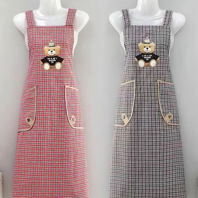 Extended cotton fabric adult cute cartoon bear checkered apron, kitchen stain-proof, dust-proof and wear-resistant, home knee-length shoulder strap, breathable, work clothes apron for men and women pic 7
