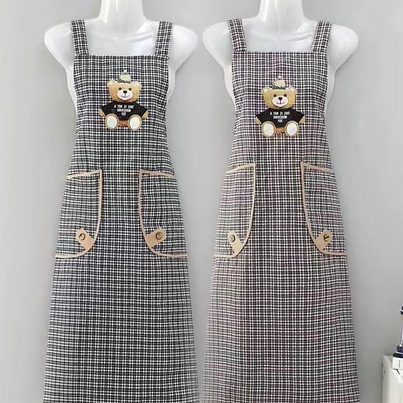 Extended cotton fabric adult cute cartoon bear checkered apron, kitchen stain-proof, dust-proof and wear-resistant, home knee-length shoulder strap, breathable, work clothes apron for men and women pic 9