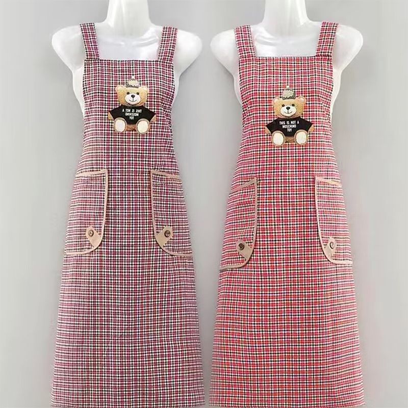 Extended cotton fabric adult cute cartoon bear checkered apron, kitchen stain-proof, dust-proof and wear-resistant, home knee-length shoulder strap, breathable, work clothes apron for men and women pic 6