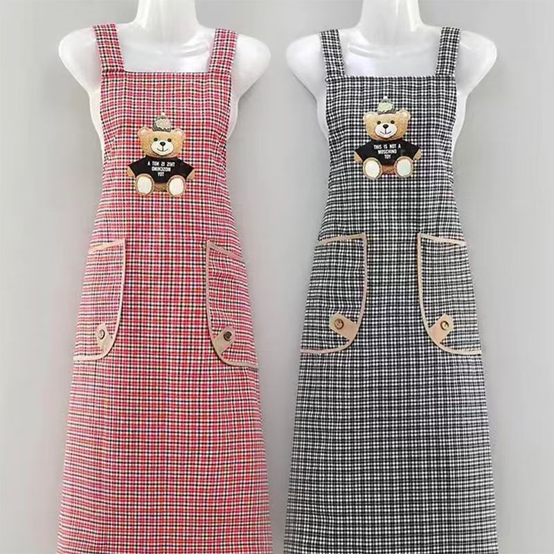 Extended cotton fabric adult cute cartoon bear checkered apron, kitchen stain-proof, dust-proof and wear-resistant, home knee-length shoulder strap, breathable, work clothes apron for men and women pic 5