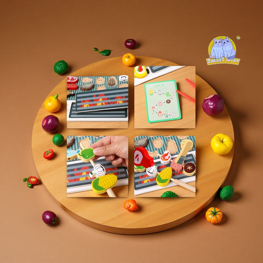 Children's wooden simulation barbecue grill set, boys' and girls' kitchen skewer building blocks, house play kitchen toys Application Scenario