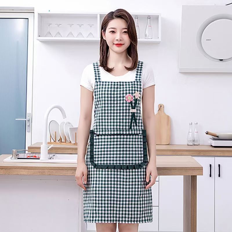 Korean-style fashionable checkered three-dimensional floral cotton apron for kitchen use, summer breathable lace zipper pocket straps for work, stylish baking detail image 4