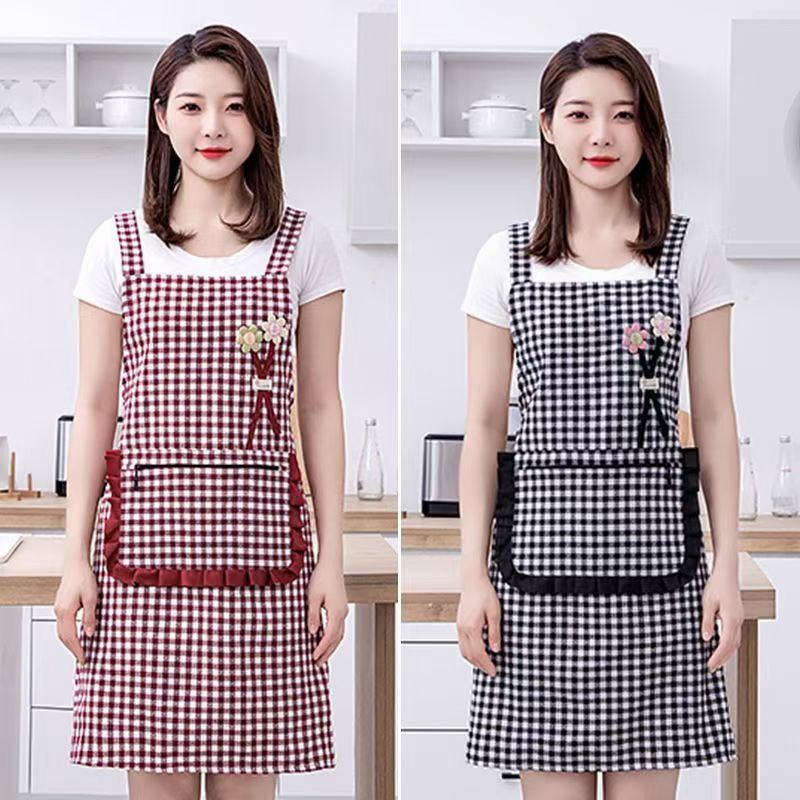 Korean-style fashionable checkered three-dimensional floral cotton apron for kitchen use, summer breathable lace zipper pocket straps for work, stylish baking detail image 5