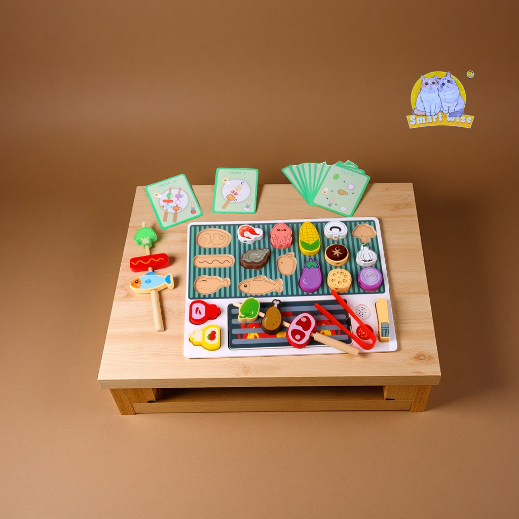 Children's wooden simulation barbecue grill set, boys' and girls' kitchen skewer building blocks, house play kitchen toys details Picture