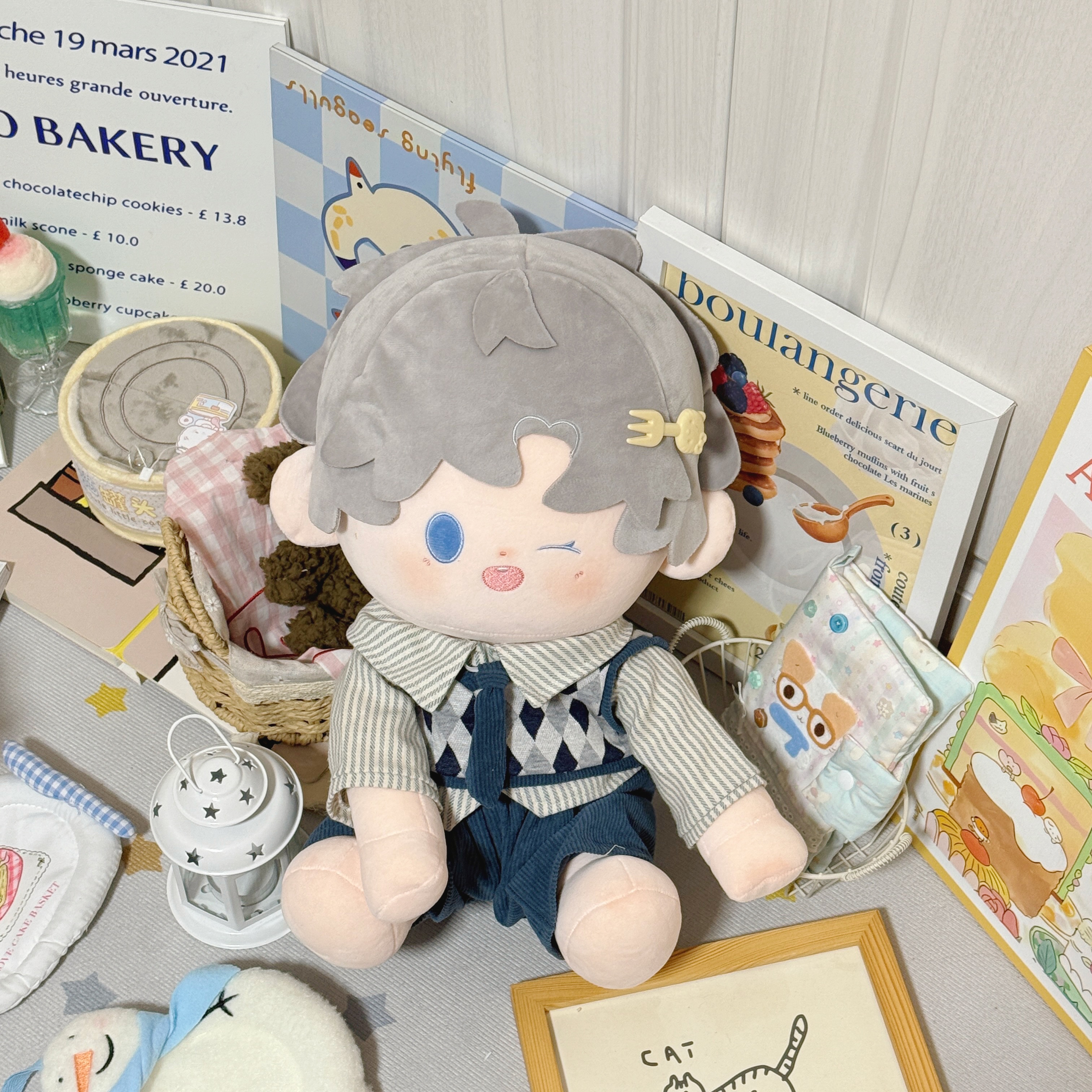 Menggu Wuxue Original Outfit - Jili Sleeping Companion Outfit 40cm Blue plaid Shirt Outfit Cotton Doll DZ32 details Picture