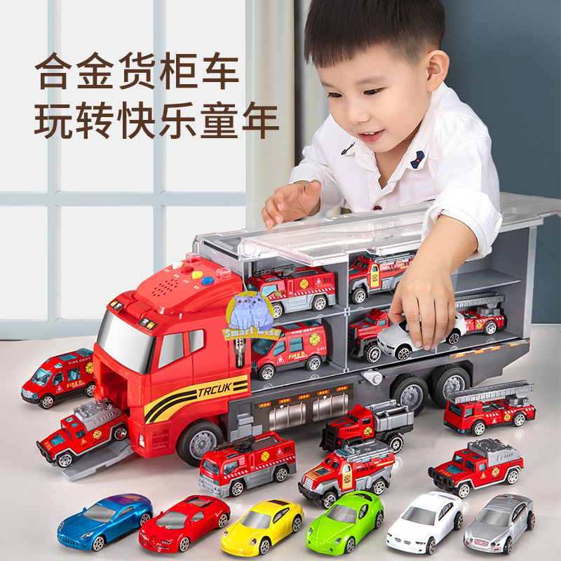 Children's toy car model, 2-3 years old, 4-baby simulation container alloy toy car, boy fire engineering vehicle set