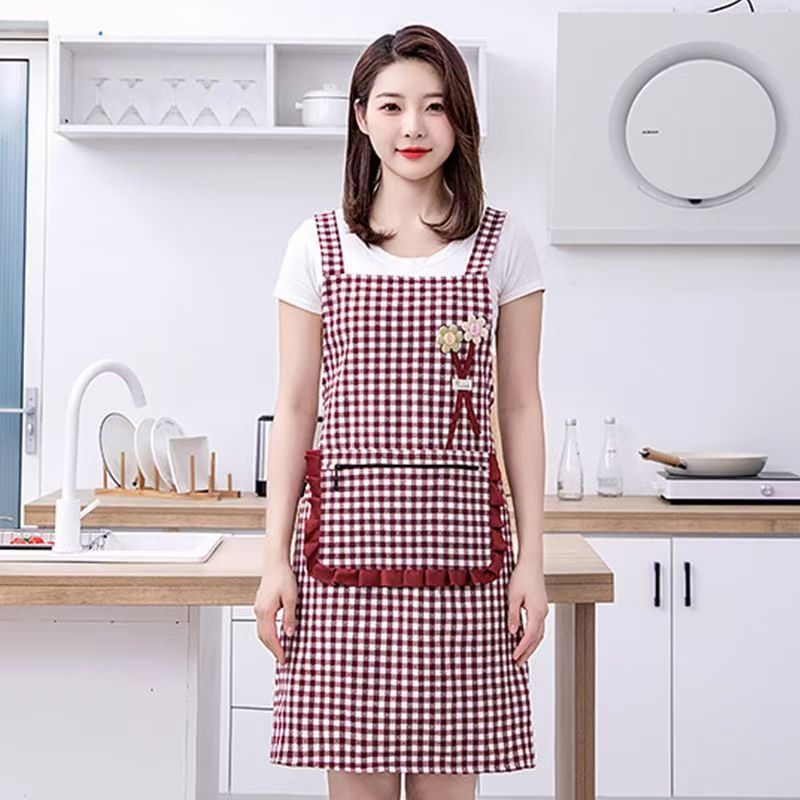 Korean-style fashionable checkered three-dimensional floral cotton apron for kitchen use, summer breathable lace zipper pocket straps for work, stylish baking detail image 2