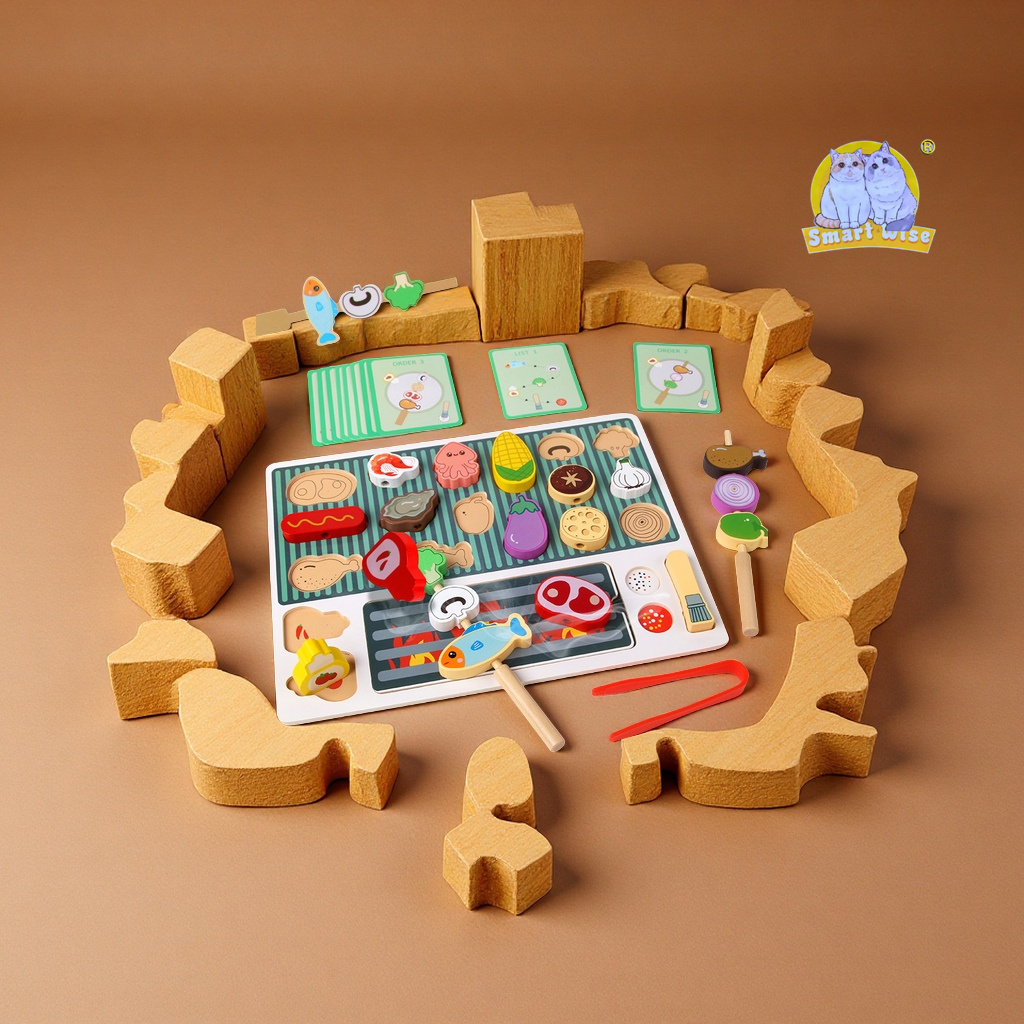 Children's wooden simulation barbecue grill set, boys' and girls' kitchen skewer building blocks, house play kitchen toys
