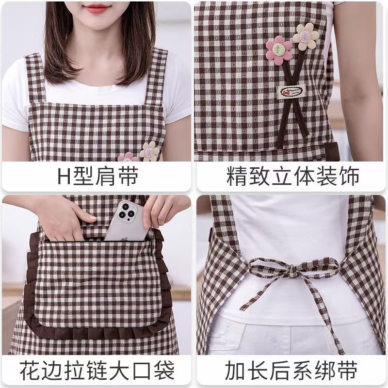 Korean-style fashionable checkered three-dimensional floral cotton apron for kitchen use, summer breathable lace zipper pocket straps for work, stylish baking detail image 7