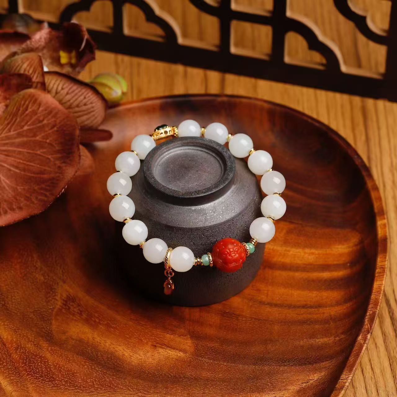 道毅珠宝天然青海料白玉老型珠南红貔犰冰种葫芦镶嵌S925银规格