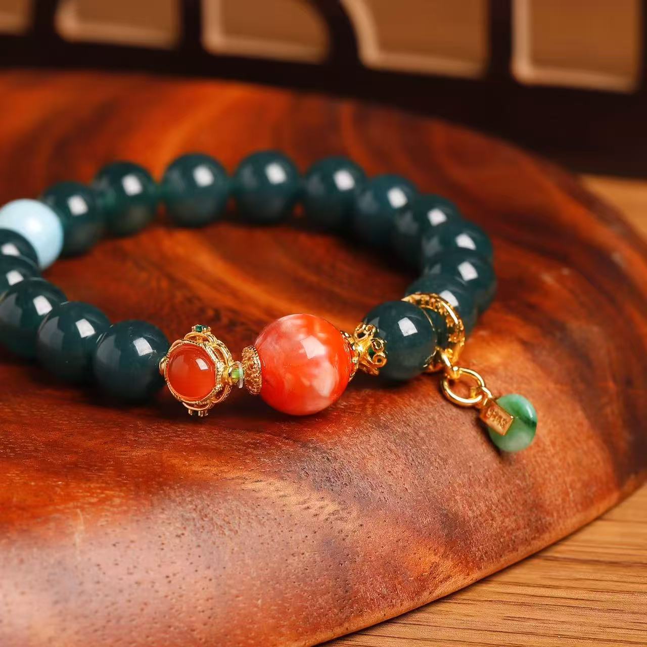 道毅珠宝天然蓝水翡翠水头冰白花南红约S925银镶嵌南红配饰海纹石约翡翠小扣