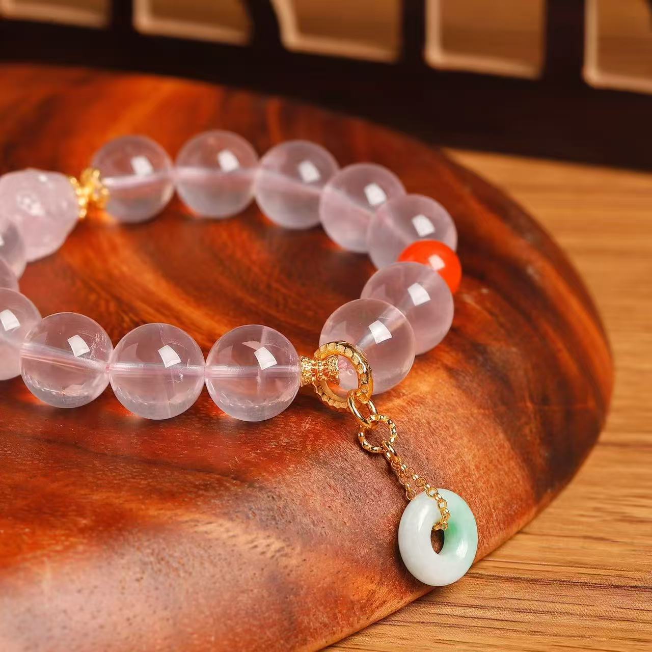 道毅珠宝天然粉水晶手串 粉水晶梅花雕刻件白花南红