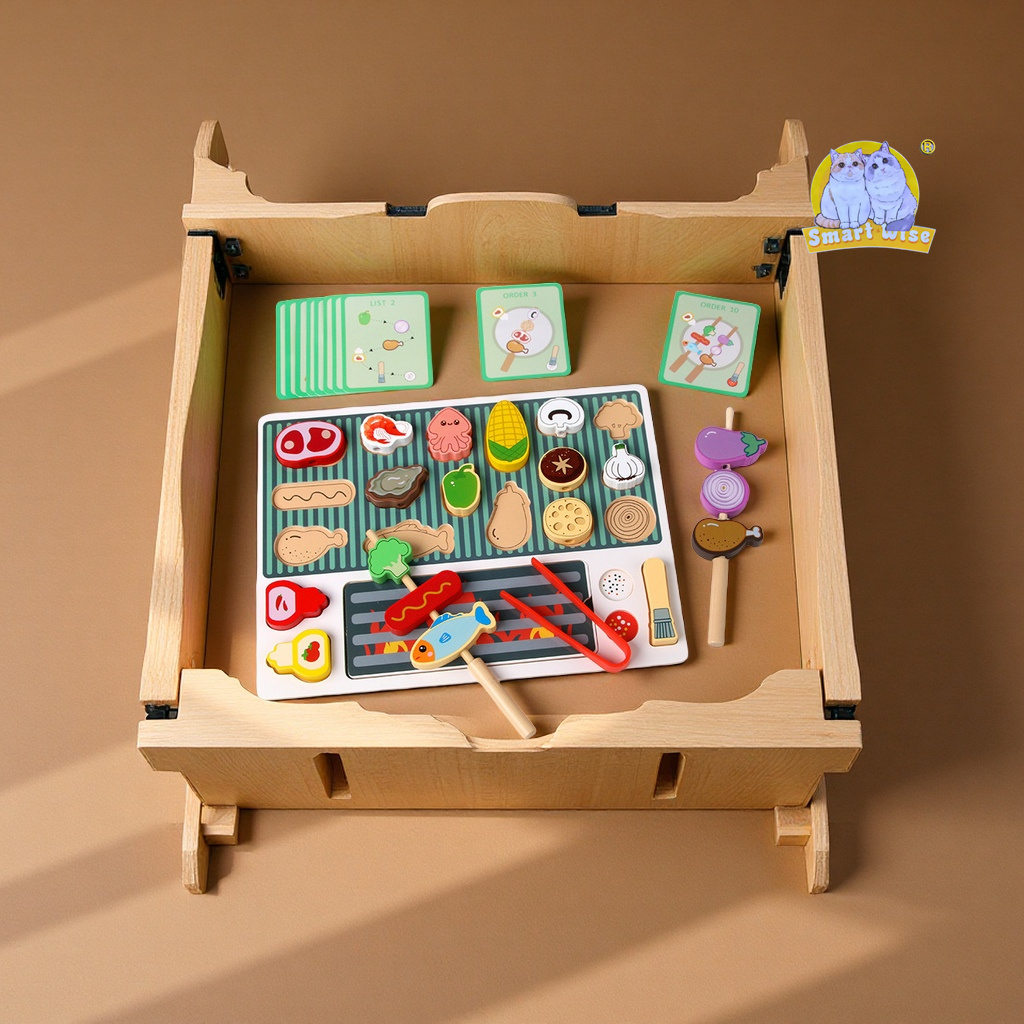 Children's wooden simulation barbecue grill set, boys' and girls' kitchen skewer building blocks, house play kitchen toys Item Picture
