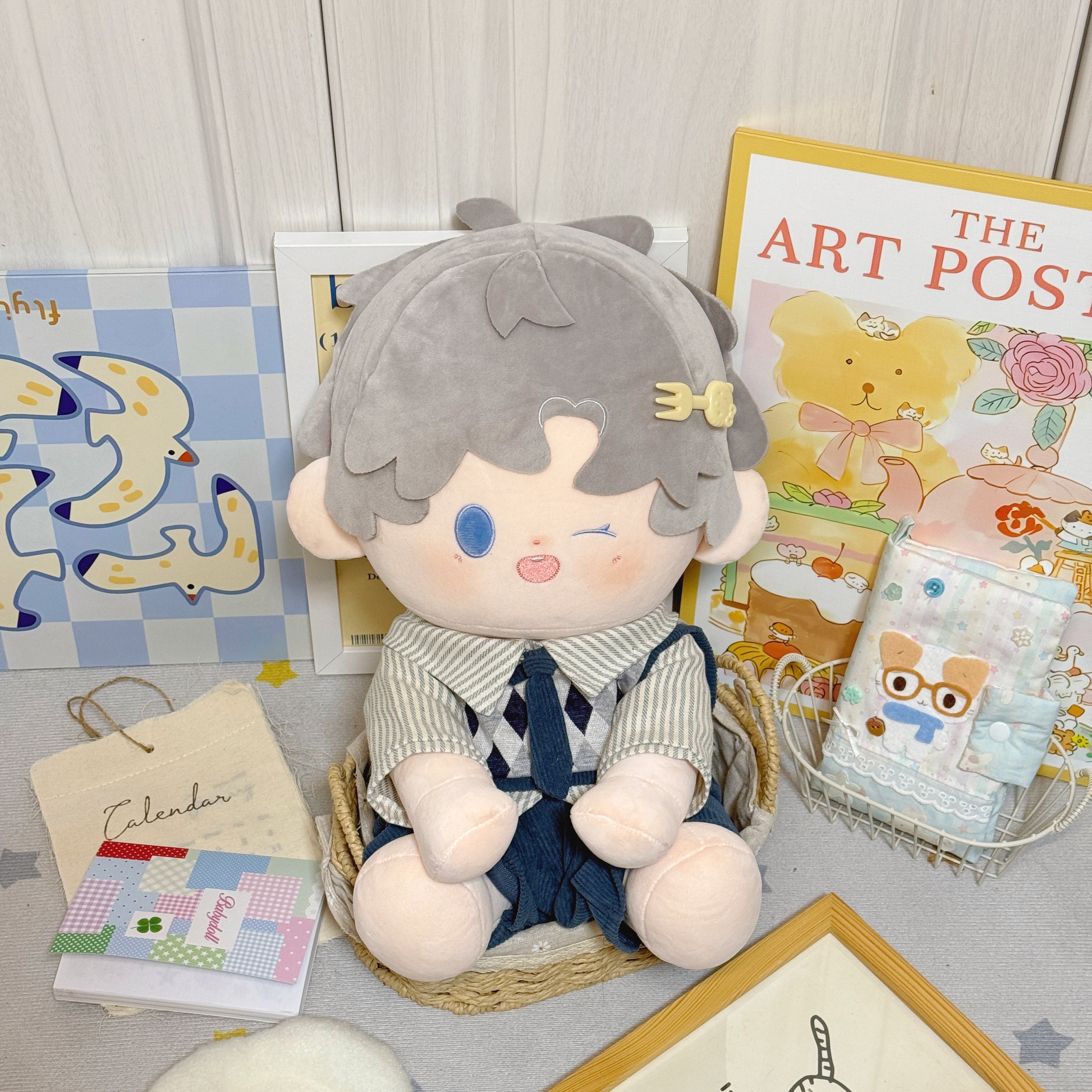 Menggu Wuxue Original Outfit - Jili Sleeping Companion Outfit 40cm Blue plaid Shirt Outfit Cotton Doll DZ32 Specification image