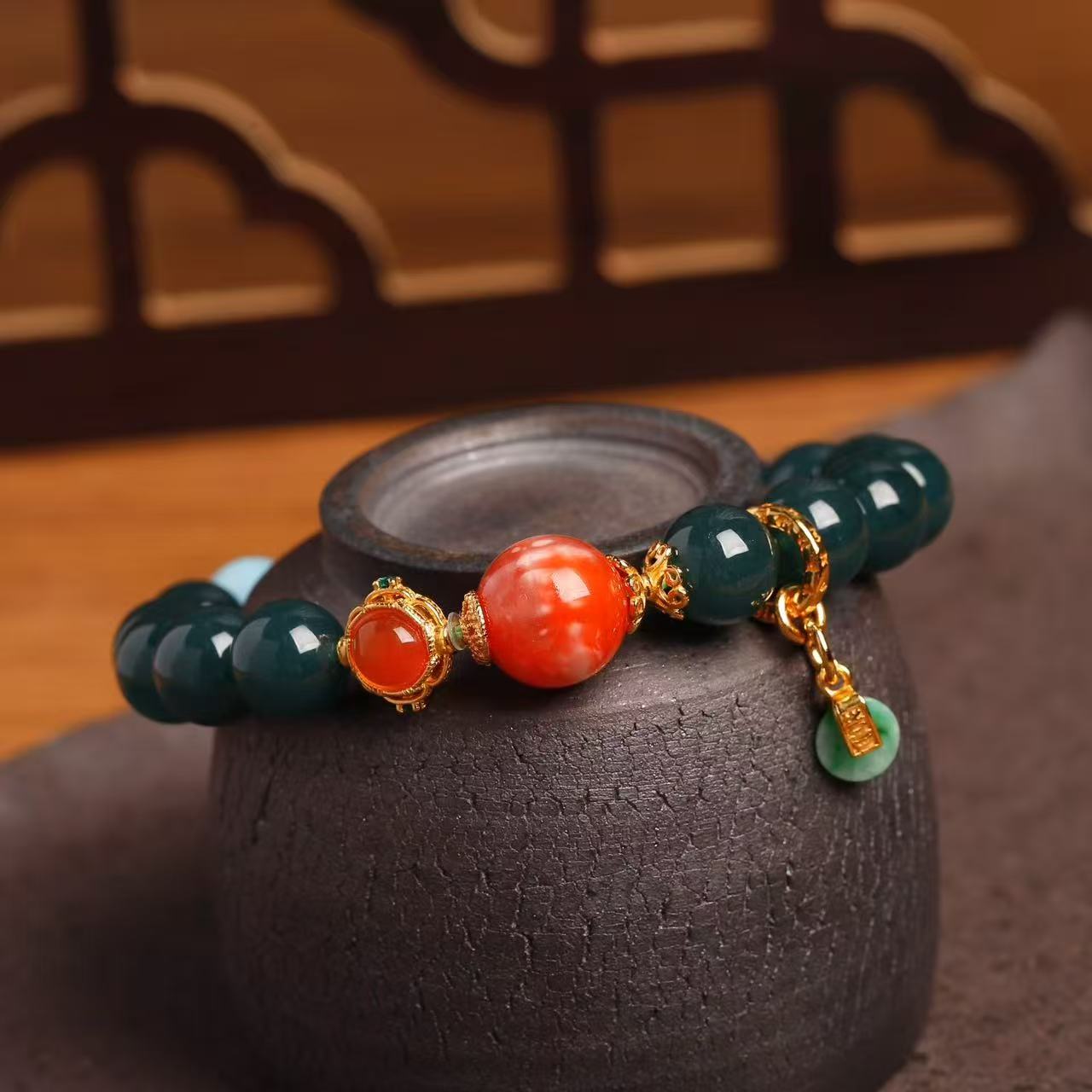 道毅珠宝天然蓝水翡翠水头冰白花南红约S925银镶嵌南红配饰海纹石约翡翠小扣详情图4