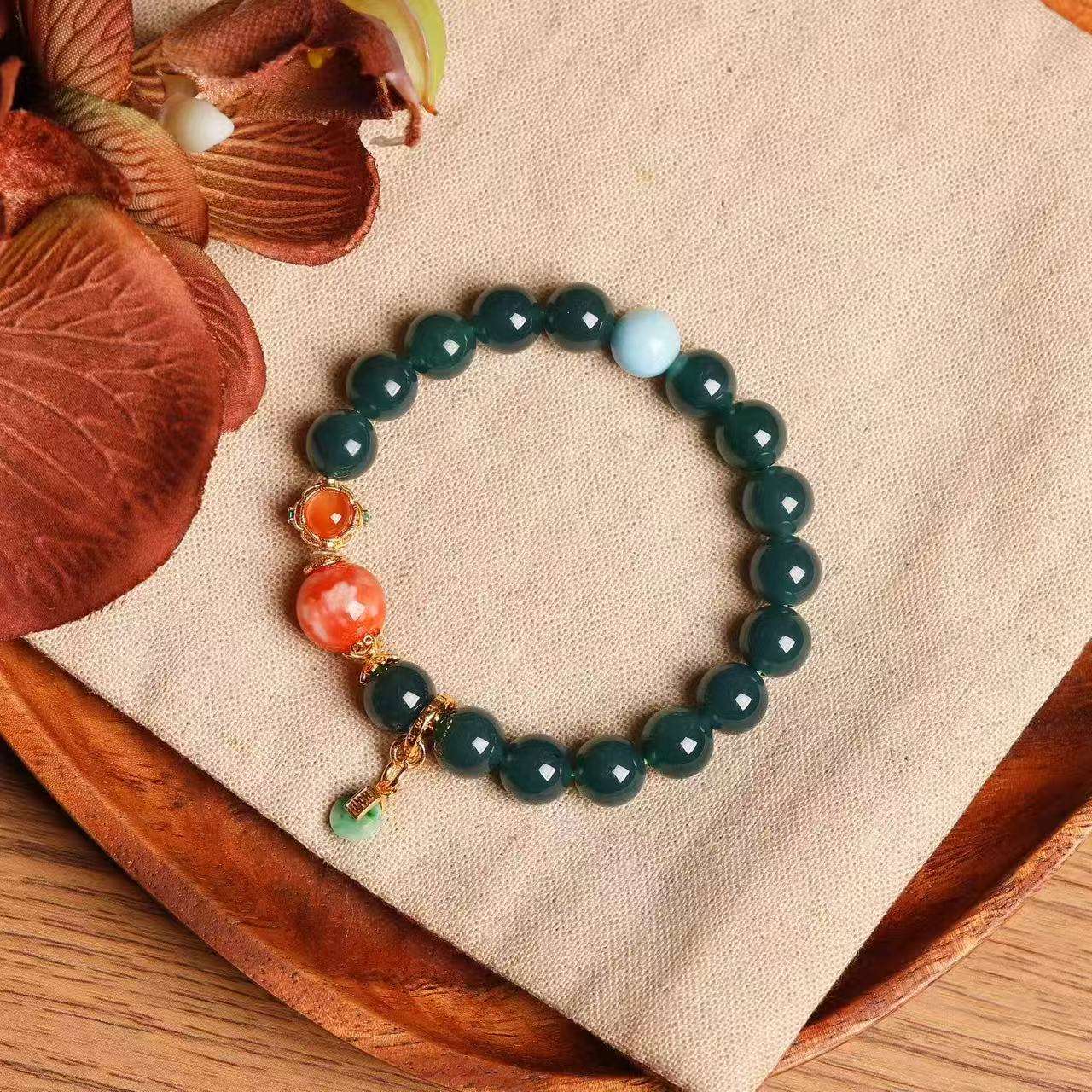 道毅珠宝天然蓝水翡翠水头冰白花南红约S925银镶嵌南红配饰海纹石约翡翠小扣详情图5