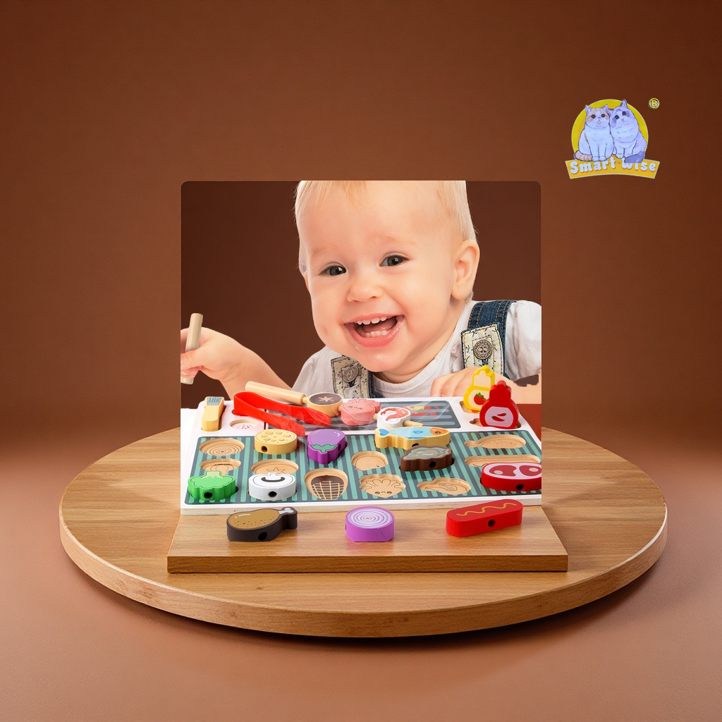 Children's wooden simulation barbecue grill set, boys' and girls' kitchen skewer building blocks, house play kitchen toys Specification image