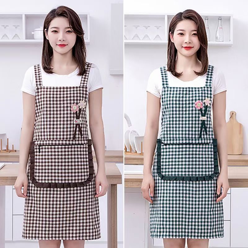 Korean-style fashionable checkered three-dimensional floral cotton apron for kitchen use, summer breathable lace zipper pocket straps for work, stylish baking detail image 6