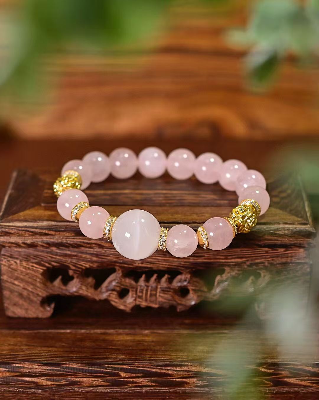 道毅珠宝天然粉晶手链搭配雪花幽灵925纯银镀金配饰花球