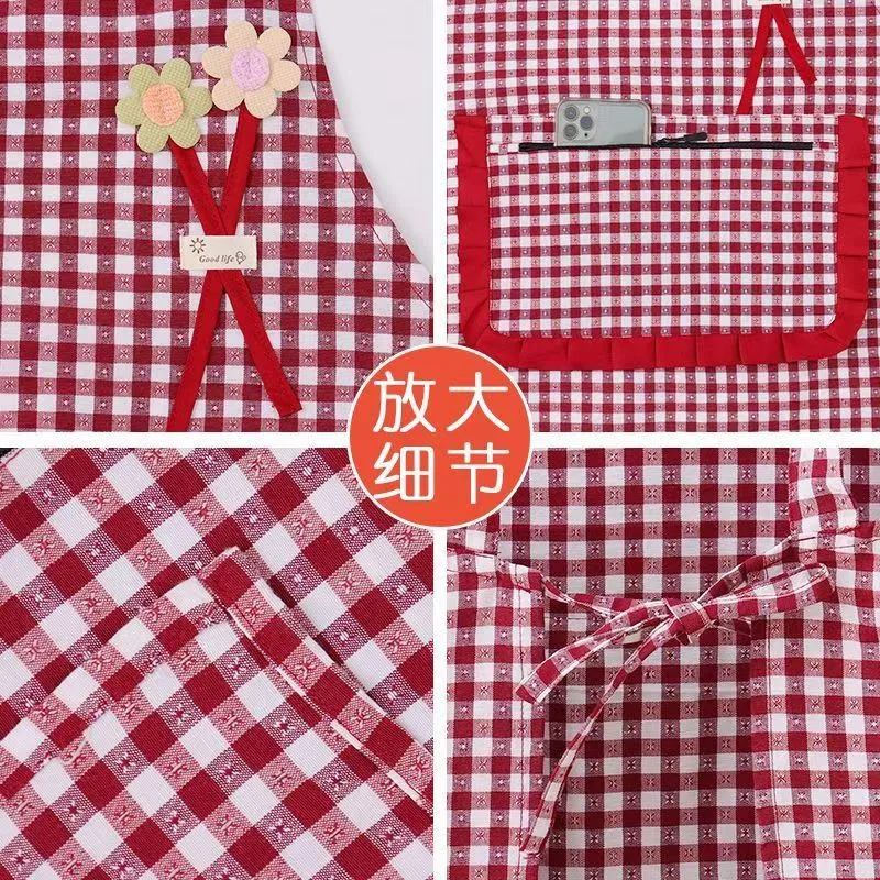 Korean-style fashionable checkered three-dimensional floral cotton apron for kitchen use, summer breathable lace zipper pocket straps for work, stylish baking detail image 10